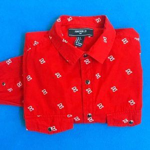 FOREVER 21 Men's Printed Shirt Broch Down Long Sleeve Pockets Up Cotton Red S